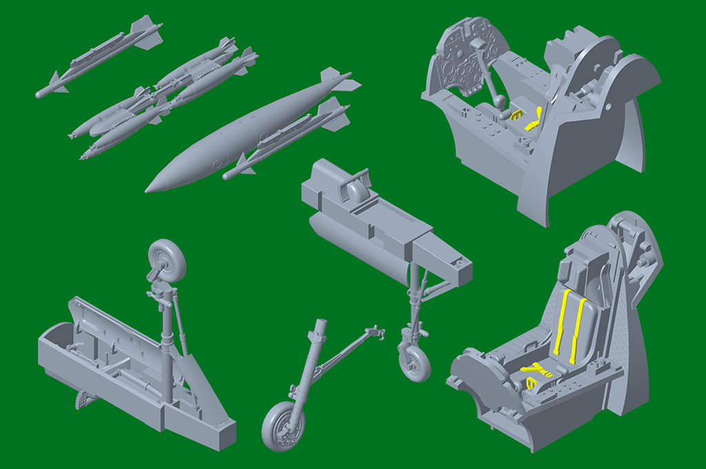 Piezas del kit: cabina, asiento eyector, tren de aterrizaje y armamento